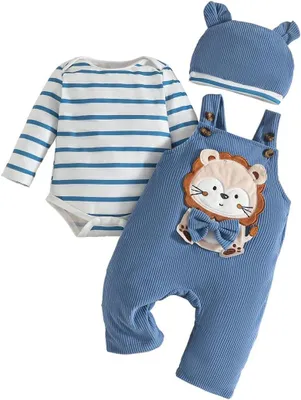 Productafbeelding van Babykleding voor jongens - Lange mouwen - Gestreept bovenstuk - Dinosaurus - Print - Overall - Verstelbare bretels