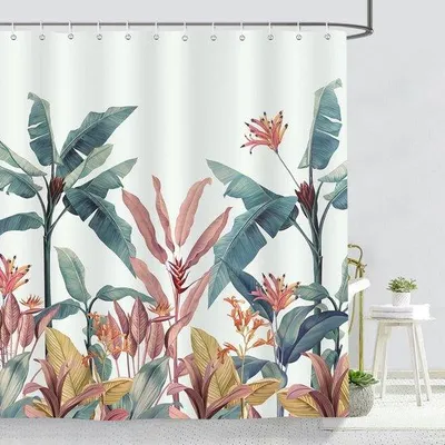 Produktbild von Unyqoos® wasserdichter Duschvorhang mit tropischem Blatt- und Bananenprint, 100% Polyester, 180 x 180 cm, schimmelresistent, inkl. 12 Kunststoffhaken & verstärkte Metallösen