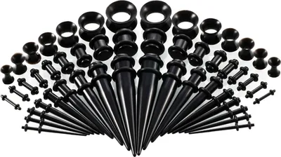 Produktbild von 50 Stück Ohr-Expander, doppelte O-Ringe, ausgestellte Tunnel, dreiteiliger Anzug, hypoallergen, Piercing-Schmuckset, glatte Oberfläche, Acryl-Kegel und Stecker, Silikon-Tunnel, perfektes Geschenk-Schwarz