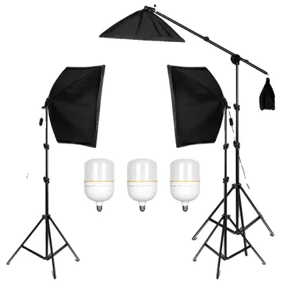 Imagen del producto de Kit de iluminación con softbox, trípode de luz ajustable, compatible con bombillas E27, incluye 3 bombillas de 2 colores