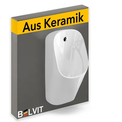 A product image showing a white urinal mounted on a gray background with a yellow band at the top containing text.