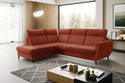 Produktbild von Ecksofa TORRO L (262 x 205 cm) – LINKE SEITE, moderne verstellbare Kopfstützen, Bettkasten, Schlaffunktion, CRUZ 55 - Terrakotta