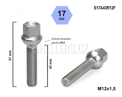 Obrázok produktu pre Skrutka kolesa M12x1,5x43 guľová skrutka R12, kľúč 17, S17A43R12F, výška 67 mm