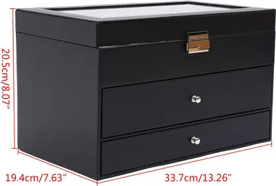 Obrázek produktu pro Úložná krabička na hodinky a brýle – třípatrová krabička na hodinky – 12 přihrádek na hodinky – 6 přihrádek na brýle – skleněné víko se zámkem – sametová výstelka – černá