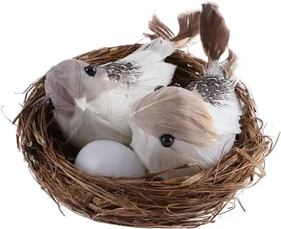 Kunstvogelnestset, handgeflochten, 30 cm, mit Eiern und Vögeln
