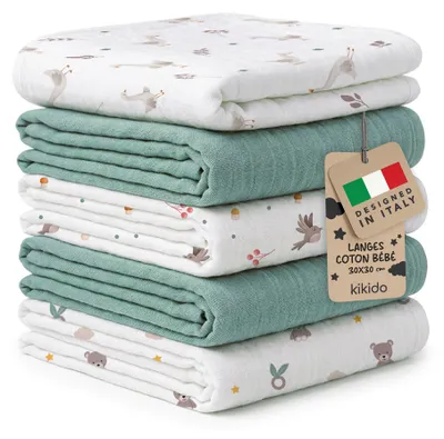 Image de Kikido Lingettes en Mousseline pour Bébé 100 % Coton 30x30 cm - 5x Lingettes en Mousseline 6 Épaisseurs - Vert