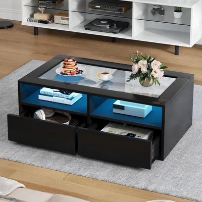 Produktbild von Merax Couchtisch mit LED und Glasplatte, Wohnzimmertisch mit 2 Schubladen, moderner Sofatisch zweistufiges Design mit offener Stauraum, Schwarz