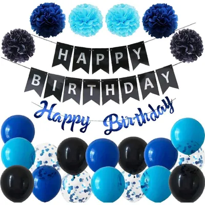 Produktbild von Geburtstagsdeko Set Blau Schwarz Girlande Luftballons Pompoms für Männer