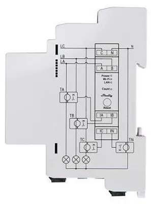 Immagine prodotto di Shelly · Guida per montaggio su plafone · "Pro 3EM 120A v2" · Contatore elettrico · 3 morsetti inclusi ·