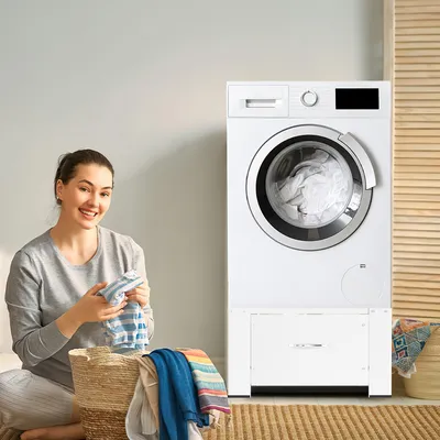 Obrázok produktu pre Jopassy Podstavec pod práčku, Stabilný podstavec pod práčku so zásuvkou, Podstavec pod práčku z ocele do 150 kg biely