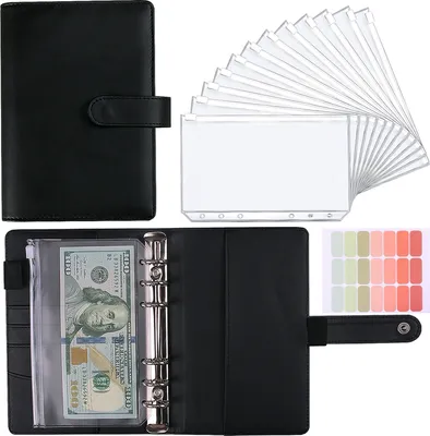 Produktbild von Binder Notizbuch, Reißverschlusstasche Binder Notizbuch, A6 Budget Binder mit 12 Stück Binder Pocket und 21Etikettenaufklebern (Schwarz)