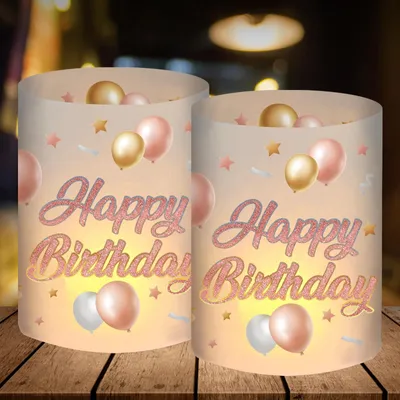 Productafbeelding van 12 Windlichten voor Tafeldecoratie - Happy Birthday in Roségoud