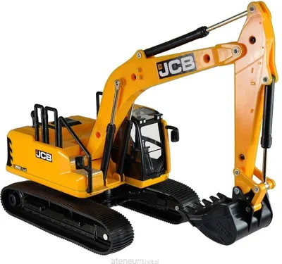A yellow and black toy excavator is shown against a white background.