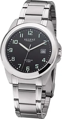 A close-up studio shot of a men's wristwatch with a black dial and a metal band.