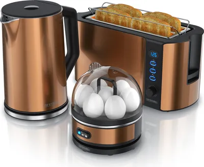 Produktbild von Arendo - Wasserkocher mit Toaster und Eierkocher SET Edelstahl Kupfer Wasserkocher 1,5L 40° - 100°C, Toaster 4 Scheiben LED-Display 6 Bräunungsgrade Eierkocher 1-7 Eier Messbecher BPA frei