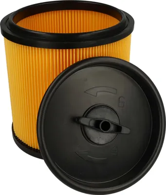 A yellow pleated filter with a black lid next to it, against a white background.