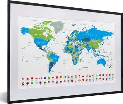 Produktbild von MuchoWow® MuchoWow® Gerahmtes Poster Weltkarte - Flagge - Blau - Grün 60x40 cm - Poster mit zchwarzem Bilderrahmen - Schlafzimmer - Plakat in Rahmen - Drucken