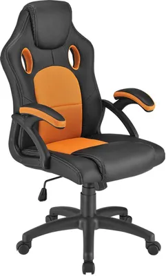 A black and orange racing-style office chair against a white background.