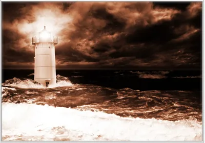 Produktbild von Wallario Wandbild Abstrakter Leuchtturm im Wasser bei stürmischer See, Größe: 70,30 x 100,30 cm, Poster mit weißem Kunststoffrahmen