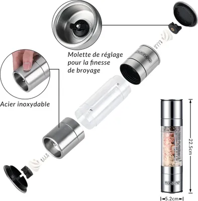 Image de Monzana Moulin à épices 2en1 manuel en acier inoxidable moulin à poivre et sel pour table moulin à céramique réglable
