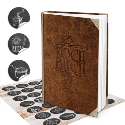 Produktbild von Geschenk-SET Rezeptbuch zum Selberschreiben LEDER-NOSTALGIE Look braun beige DIN A4 + HERZ Kochlöffel HARDCOVER Meine Rezepte Liebslingsrezepte Buch Einschreiben als Geschenk Küche Kochenmit schwarzen Stickern