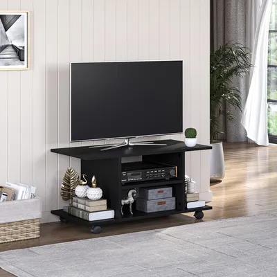 Produktbild von Sweiko TV-Bank 4 Regale offene Rückwand 4 Rollen 80 cm x 40 cm x 40 cm Holzwerkstoff Schwarz