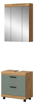 Produktbild von 2-teilige Badkombination Scout 60x191x34 cm in Artisan Eiche & Salbei – Mobiles Set aus Waschbeckenunterschrank & Spiegelschrank auf Rollen – Farbakzent & Flexibilität für das Badezimmer