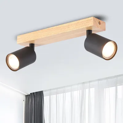 Image de ANWIO, plafonnier LED GU10 en bois, 2 spots, noir. Lampe de plafond GU10, lampe de cuisine, éclairage de plafond en bois, projecteur, applique murale pour salon, chambre, cuisine, salle de bain (sans ampoules). EUS-EA190812