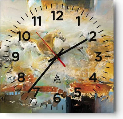 Produktbild von Wanduhr - Quadrat - Glasuhr - Pferde Galopp Modern - 40x40cm - Schleichendes Uhrwerk - Lautlos - zum Aufhängen bereit - Dekoration Modern - Wanddekoration aus Glas - C4AC40x40-4506