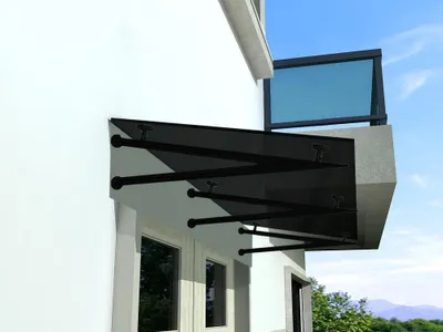 Produktbild von BuyLando (3V) 250x90 cm Grauglas Glasvordach inkl. Edelstahlhalter in Schwarz