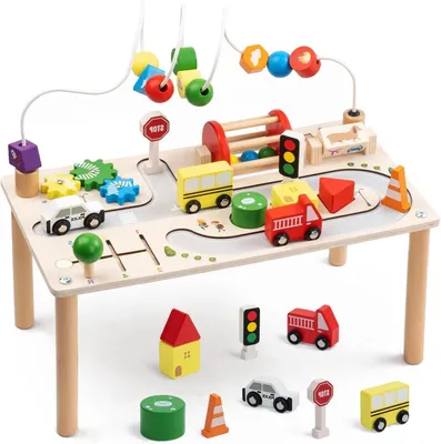 Immagine prodotto di Tavolo attività – Tavolo da gioco in legno – Sviluppo motorio – Multifunzione 7-in-1 – 43 x 235 cm – Colore legno