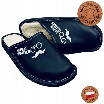 Immagine prodotto di Ciabatte da uomo in pelle, modello "Super Nonno", colore nero, cucite a mano, ideali come regalo, taglia 40