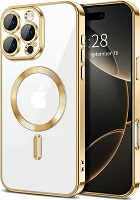 Obrázek produktu pro Magnetické čiré pouzdro pro iPhone 16 Pro, kompatibilní s MagSafe, galvanicky pokovené ochranné pouzdro s ochranou fotoaparátu Zlato