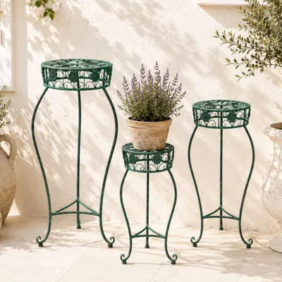 Produktbild von Blumenhocker Metall Grün Rund Blumenständer 96008 3er Set Blumensäule Antik Pflanzenständer Pflanzenhocker Vintage