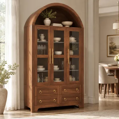 Immagine prodotto di okwish: Mobile contenitore moderno con 4 cassetti, vano aperto ad arco, mobile per soggiorno con 3 ante in vetro, maniglie in alluminio, impiallacciatura di noce