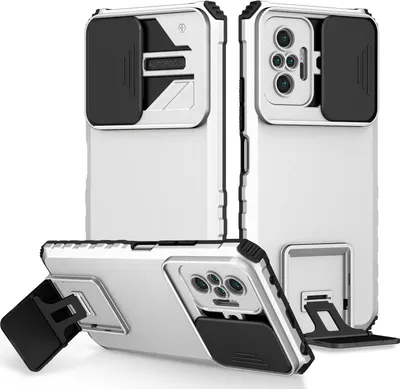 Immagine prodotto di Custodia per Xiaomi Redmi Note 10 Pro / 10 Pro Max a doppio strato robusta, protezione militare con supporto e fotocamera scorrevole Bianco