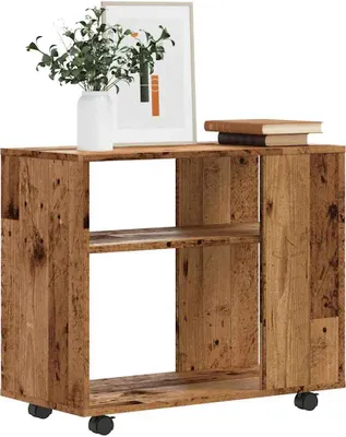 A rustic wooden side table with two shelves and a cabinet on the right side, displayed on a white background. A vase with greenery and a framed picture are on top.