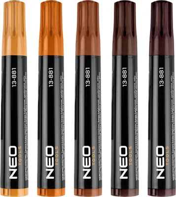 Five NEO TOOLS furniture pens in different shades of brown and gold are lined up against a white background.