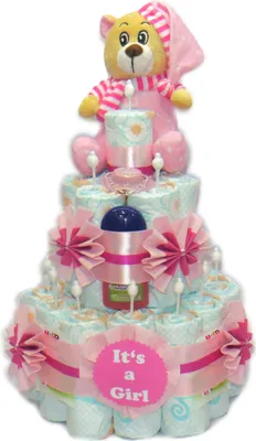 Produktbild von Windeltorte It's a Girl mit Schlafbär rosa | Windelgeschenk Mädchen