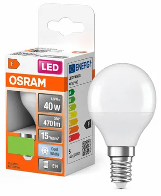 Produktbild von OSRAM 4058075430815 LED (monochrome) EEC F (A - G) E14 Pear shape 4.9 W = 40 W Cool white (Ø x L) 45 mm x 82 mm 1 pc(s)