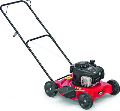 A red and black gas-powered lawnmower is shown against a white background.