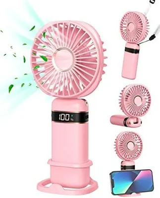 Produktbild von Handventilator, Tragbarer USB-Handventilator, Faltbarer Mini Ventilator mit Sockel und Umhängeband für Zuhause, Büro, Schlafzimmer, Outdoor, Reisen (Rosa)