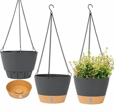 Produktbild von 3er-Pack kunststoffen hangende Pflanzgefäße mit Entfernbarer Schale, Drainagegitter und Haken, grau-schwarz