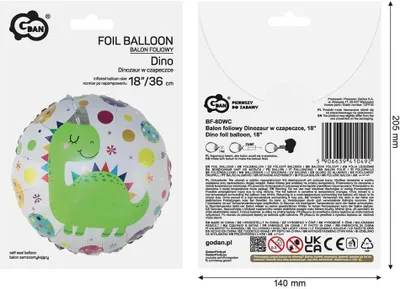 Produktbild von Folienballon „Dinosaurier mit Mütze“, 36 cm – Godan