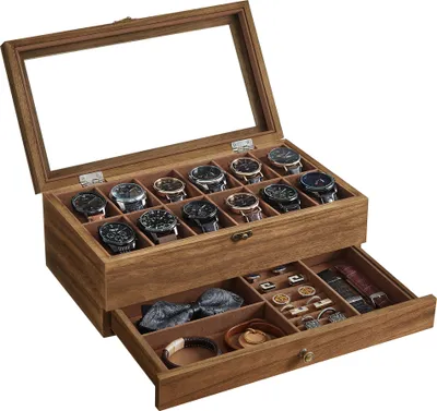 Produktbild von SONGMICS Uhrenbox mit 12 Fächern, Uhrenkasten aus Massivholz, mit Glasdeckel