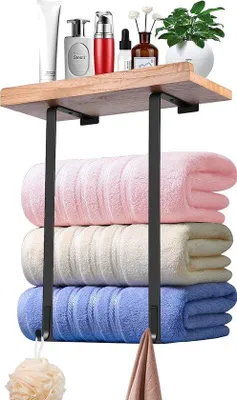 Immagine prodotto di Portasciugamani da bagno con ripiano in legno e 2 ganci per asciugamani arrotolati
