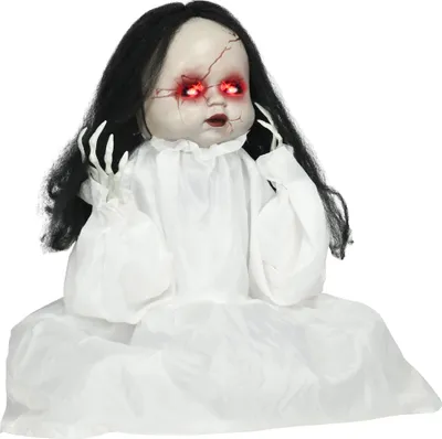 Zdjęcie produktu dla HOMCOM Dekoracja na Halloween 60 cm Lalka zabójczyni z czerwonymi oczami, funkcją dźwięku, skacząca lalka grozy, lalka na Halloween z czujnikiem dźwięku i ruchu