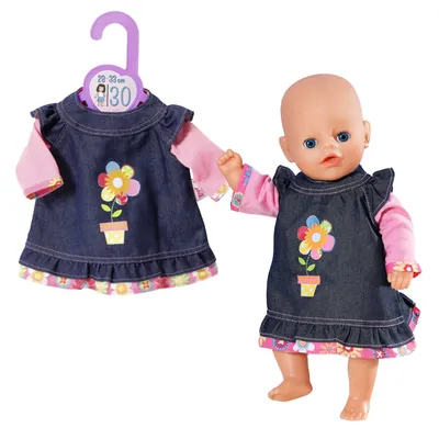 Produktbild von Dolly Moda Jeanskleid Puppenkleidung 28-33 cm, Puppenkleid Blumen