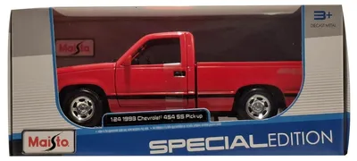 Obrázok produktu pre Maisto Chevrolet 454 SS Pick-Up (1993): Model auta v mierke 1:24, dvere sú pohyblivé, červená farba (532901R)