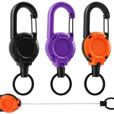 Produktbild von Ausziehbare Schlüsselanhänger, Set mit 3 ausziehbaren Schlüsselbändern, ausziehbare Schlüsselanhänger mit Karabiner, ausziehbarer Auswelter mit 60 cm Stahlseil (schwarz + lila + orange)